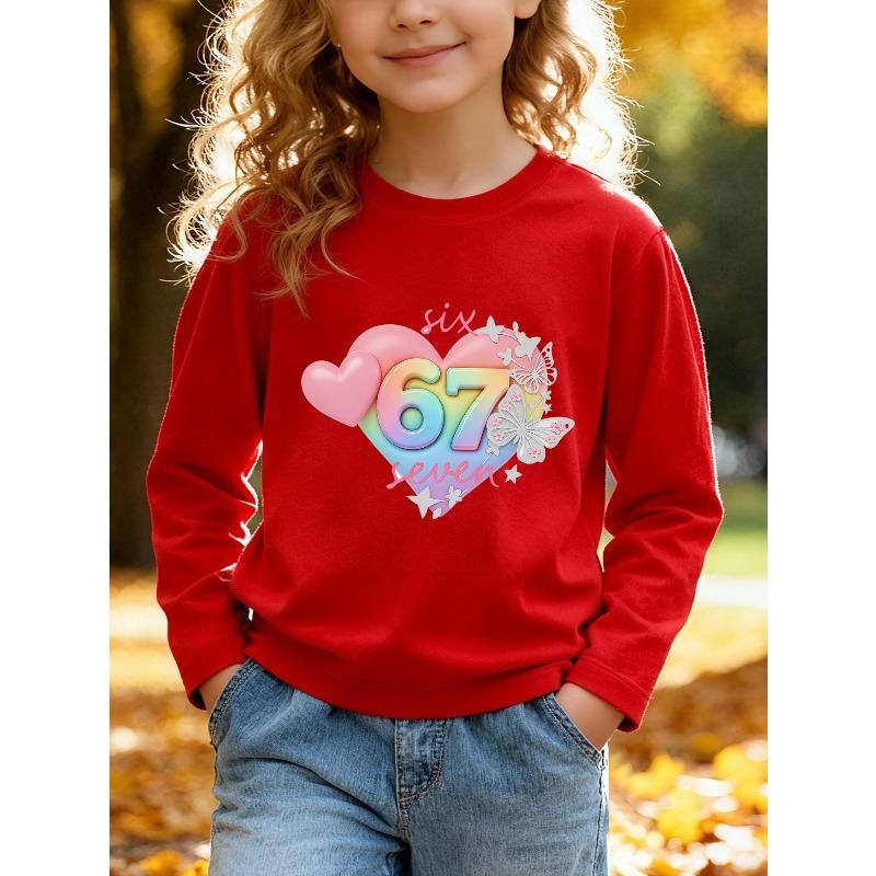 Kids Unisex Crewneck Sweatshirt, Rainbow Gradient Heart 67 Six Seven Butterfly Star Print Long Sleeve Pullover, Sweatshirts for Boys Girls Ages 4+