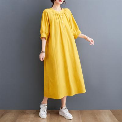Sommer Baumwolle Leinen Künstlerisch Locker Retro Leicht Mollig Mm Übergröße Bauchverdeckend Schlankmachendes Kleid für Frauen Kleider