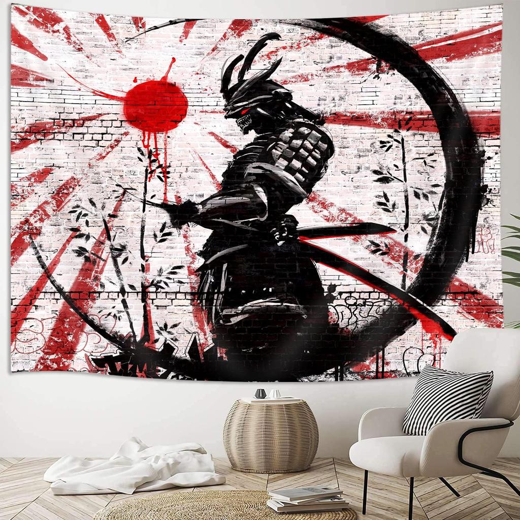 iTapnoom Japanese Samurai Art Decor Tapestry Wall Hanging for Bedroom, Cool Anime Red and Black Sun Moon Poster Wall Art