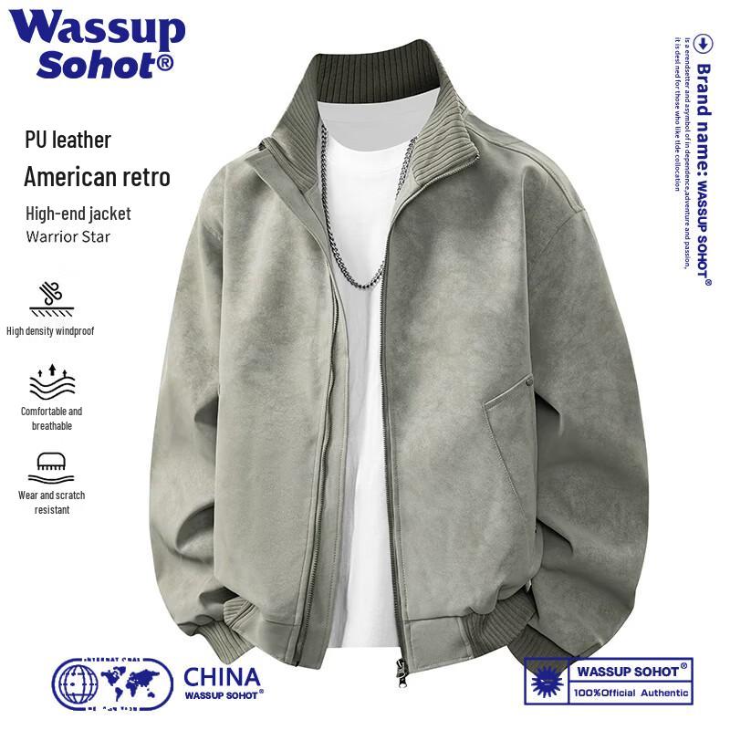 Wassup Sohot American Style Stand-Collar Tie-Dye PU Leather Bomber Jacket