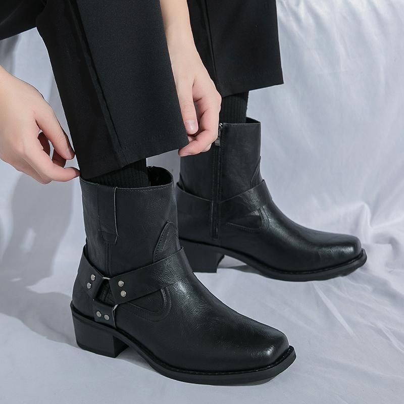Men's Leather Chunky-Heeled Ankle Boots  Side Zipper Outdoor Casual Walking Boot  Anti-Slip Business Boots For Autumn And Winter