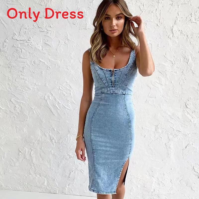 Vestido de Mezclilla con Encaje en V sin Mangas para Uso Casual de Verano