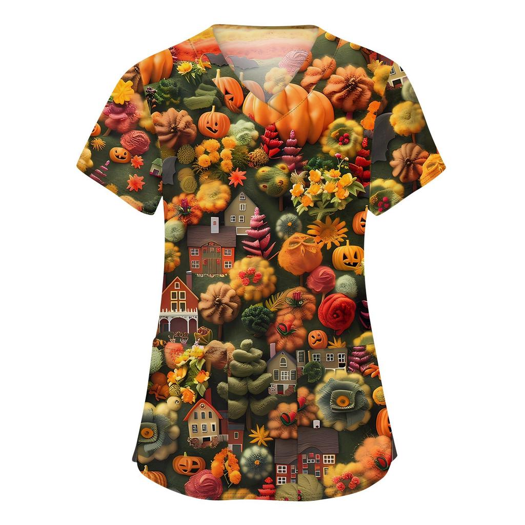 Damenmode V-Ausschnitt Kurzarm Arbeitskleidung mit Taschen Halloween bedruckte Tops