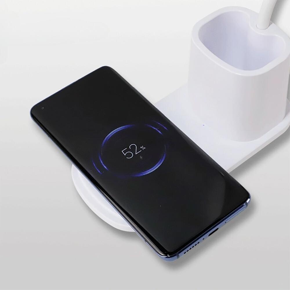 Inductive charger, LED desk lamp, white container, cable, adjustable