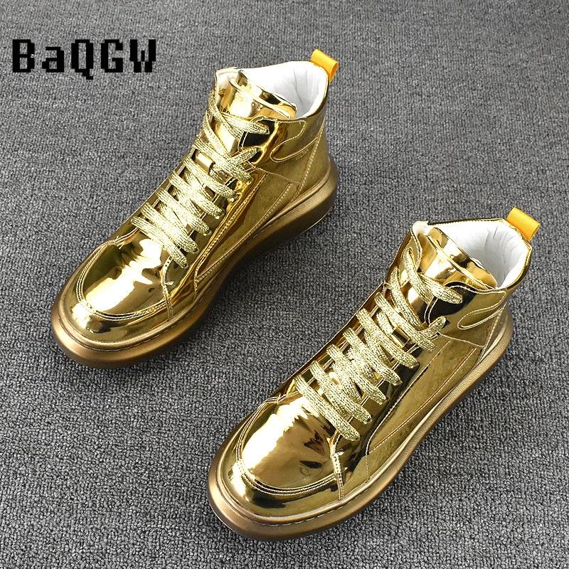 Gloden SLiver Fashion Leather Boots for Men Waterproof Lace Up Short Ankle Boots Men Outdoor Platform High Top Motorcycle Boots