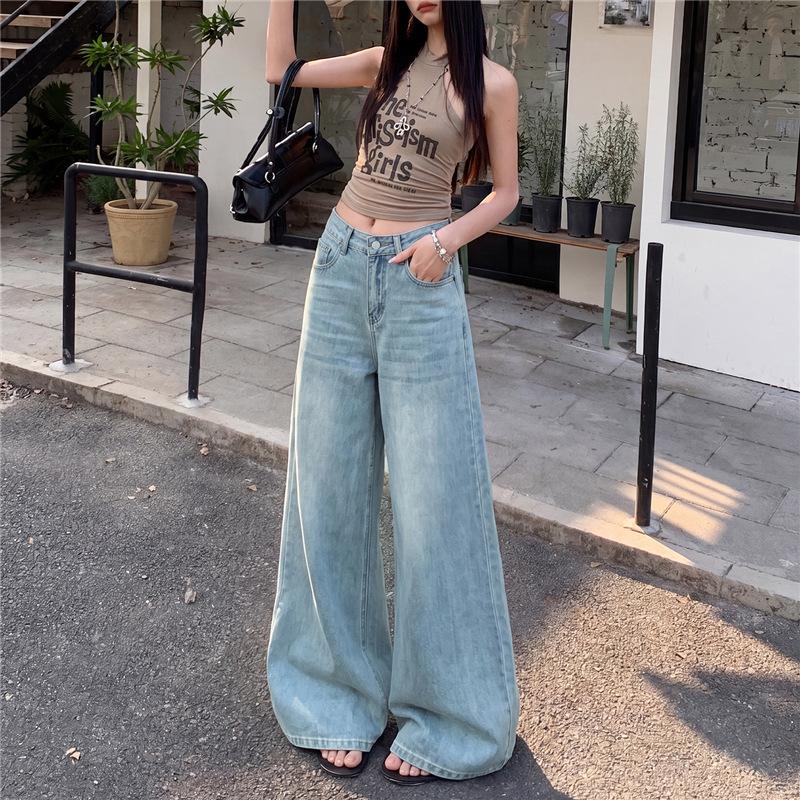 Retro American Anti-fading Primary Color Jeans Women's New Loose Drape Versatile Comfortable and Thin Floor-mopping Wide-leg Pants