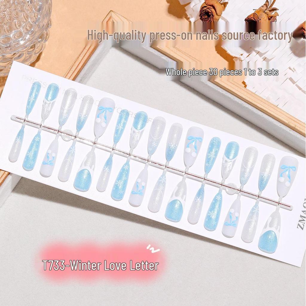 Winter Romance Snowflake Bow Almond Cat Eye Nail Stickers - 30 Pieces