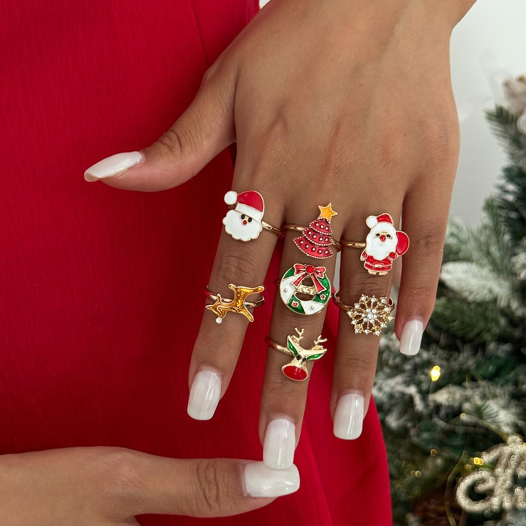 Ingemark 7Pcs/Set Trendy Deer Snowflake Christmas Tree Open Rings Women Retro Creative Adjustable Knuckle Christmas Jewelry Gift