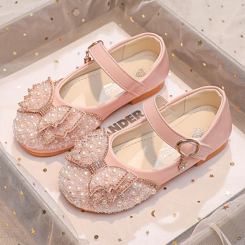 Girls' Leather Shoes with Bow, Shiny Rhinestones and Pearls, Fairy Princess Shoes, Stylish Children's Sequin Flats for Little Girls