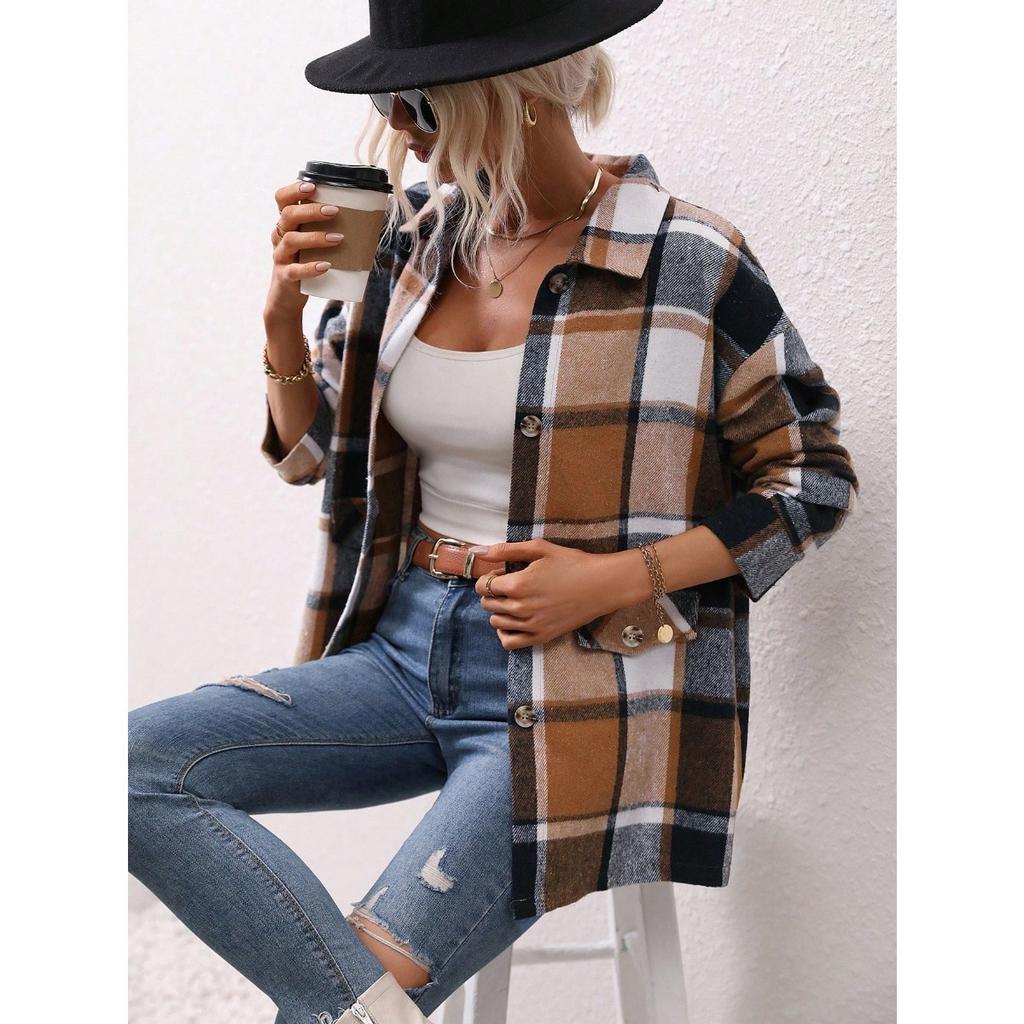 Ladies, Thermal Jacket, Checkered Shirt, Thick, Cardigan Top, Outerwear