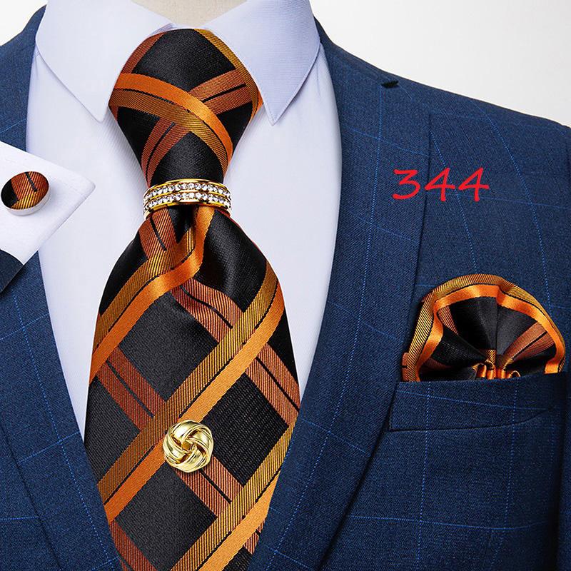 Dibangu Ties for Men Orange New Design Silk Tie Mens Necktie Hanky Cufflink Alloy Ring and Tie Tack Pin Set for Formal Party