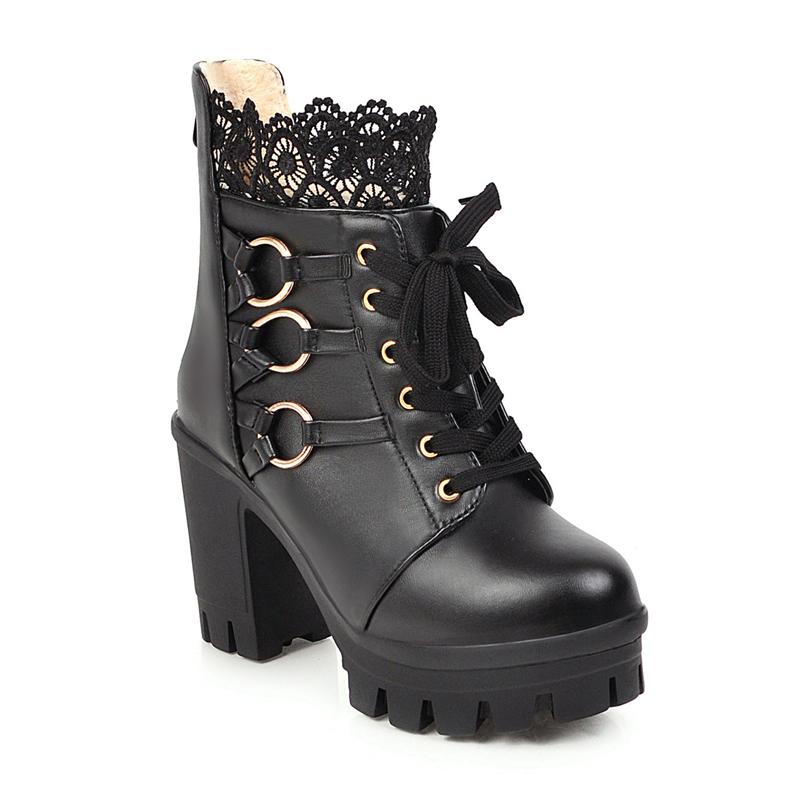 FOREADA Women Ankle Boots Round Toe Thick High Heels Metal Decoration Zipper Lace-up Platform Short Boots Ladies Fashion Shoes Black Autumn Winter