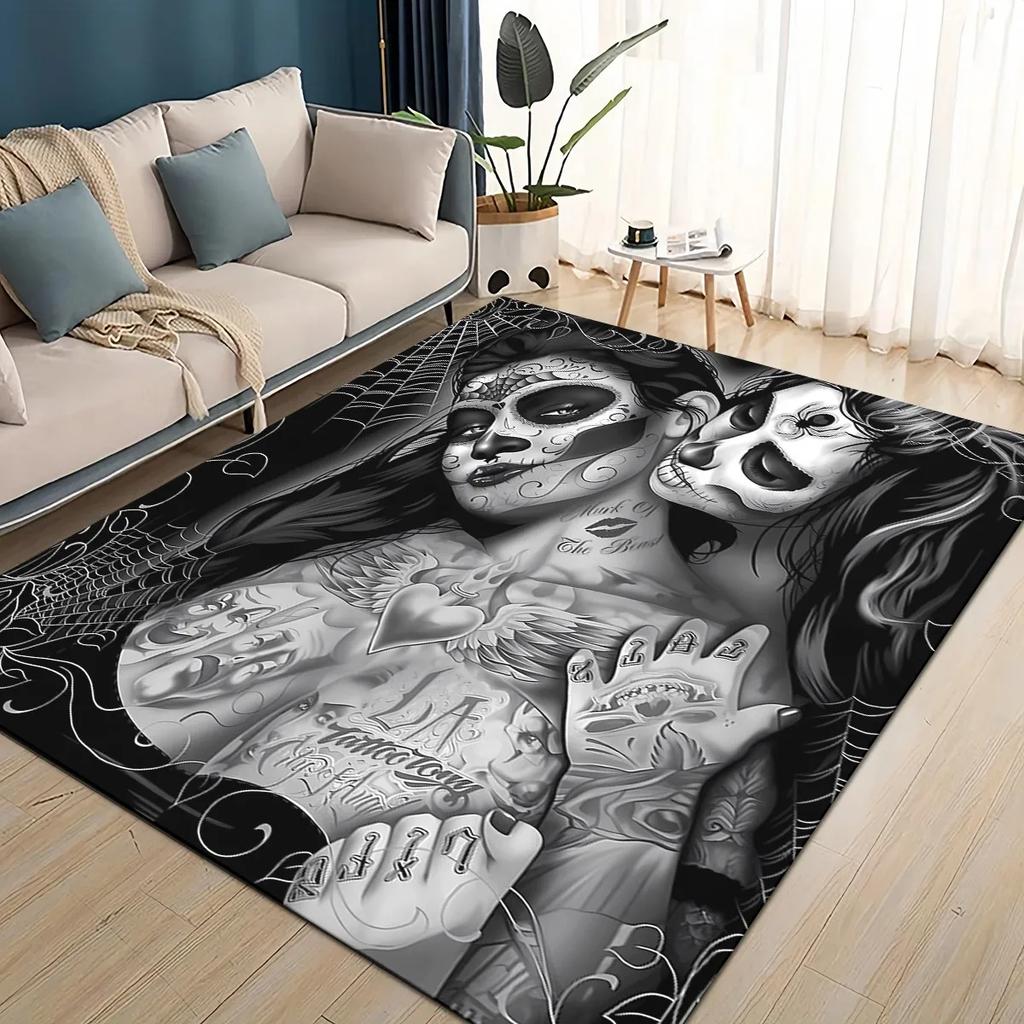 Covor Rug 3D Craniu Gotic Față Trandafir Femeie Desen Animat Groaznic pentru Sufragerie Dormitor Casă Decor Canapea, Covoraș de Podea Antiderapant pentru Copii