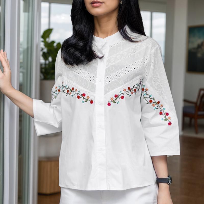 

ZANZEA Women Casual Stand Collar 3/4 Sleeve Loose Floral Embroidery Blouse 3XL білий