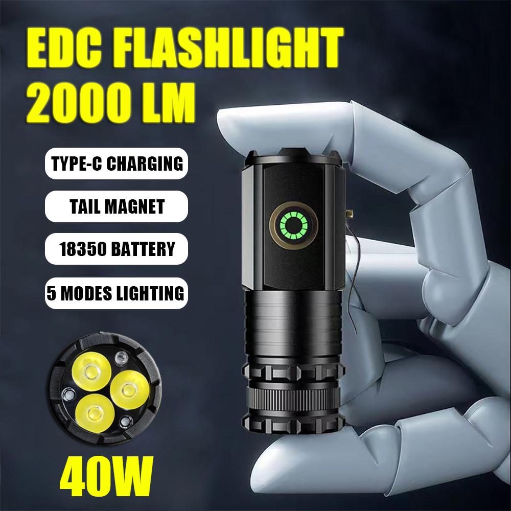 40W High Power 3 LED Mini LED Flashlight  Portable EDC Torch TYPE-C Rechargeable IP68 Camping Lantern with Tail Magnet