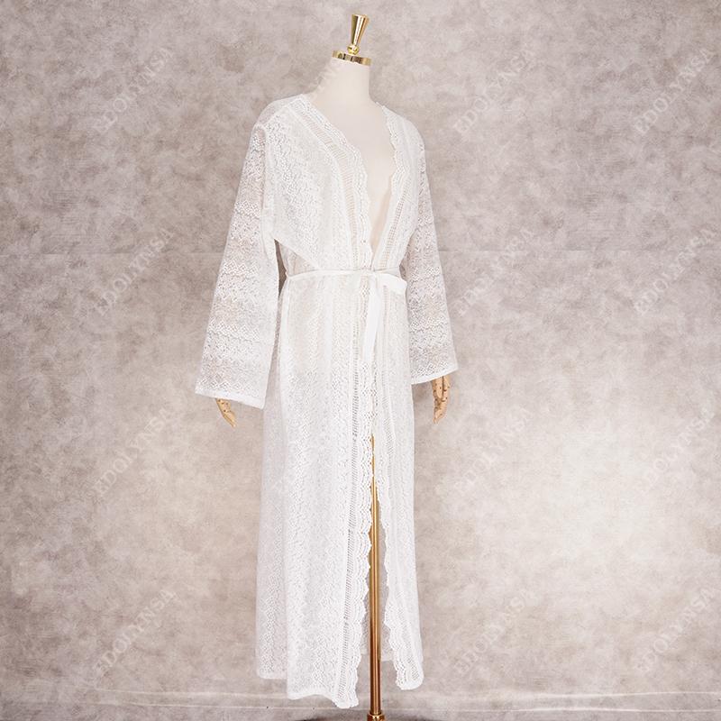 Weißes sexy Spitzenkleid vorne offen Sommer-Strandkleid in Übergröße mit selbstgegurtetem hohem Bund, Tunika für Damen, Strandkleidung, langes Kleid Q1301