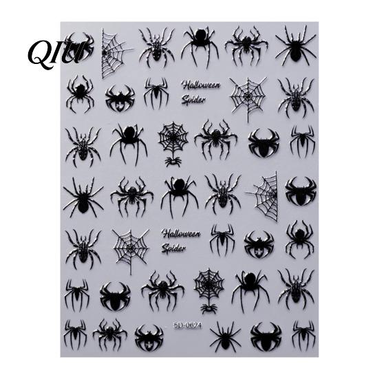 Self Adhesive Nail Decorations Halloween Art Stickers, 3D Embossed Skeleton Hand Pumpkin Bat DIY Home Manicure Tools Black Decals,