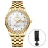 Stilvolle Herrenuhr aus Edelstahl, Gold: Analoganzeige, Kalender, 3 ATM Wasserdichtigkeit, Tagesanzeige, Quarzwerk, Partneruhr, Freizeit,