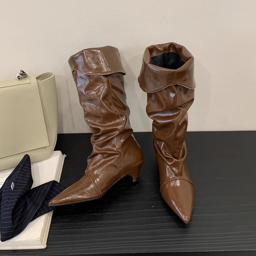 European and American Spice Girls Style Patent Leather Pointed Pleated Pile Boots Women's 2025 Autumn and Winter New Trendy Two Wear Low Heel High B
