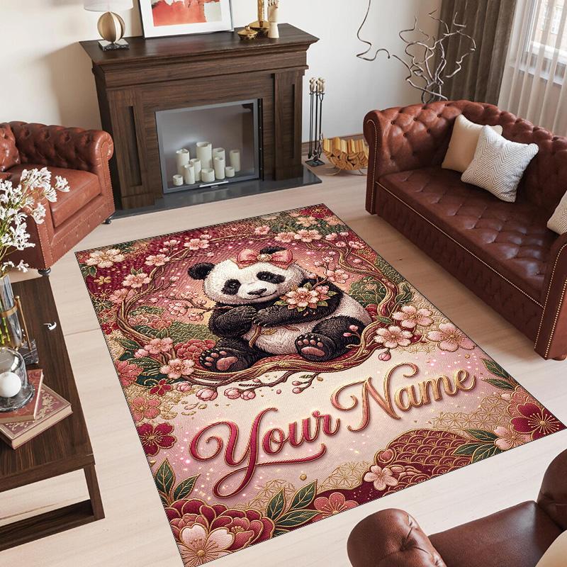 Panda Theme Crystal Velvet Rug Personalized Custom Name Text Soft Floor Mat Home Decor