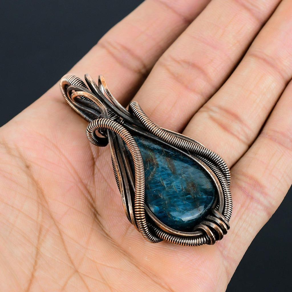 Neon Blue Apatite Gemstone Handmade Copper Wire Wrap Jewelry Lovely Pendant For Her
