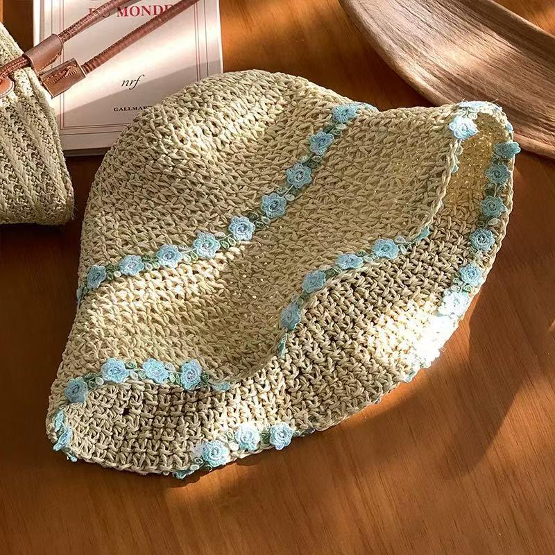 Lace Lace Beach Hat Straw Hat Women's Summer Curled Seaside Hollow Lafite Sun Hat Big Brim