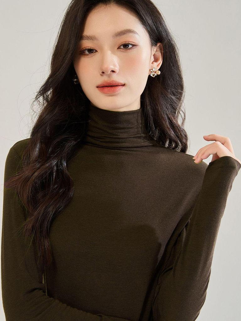 Women's Lightweight Silky High Neck Wool Blend Long Sleeve T-Shirt - Autumn Collection