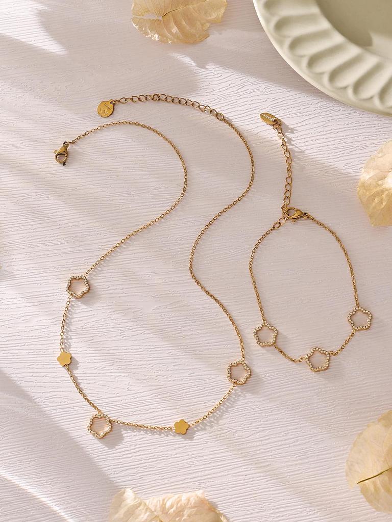 18k Gold Plated Stainless Steel Zirconia Flower Necklace & Bracelet Set with Natural Stone Beads - Light Luxury Jewelry.