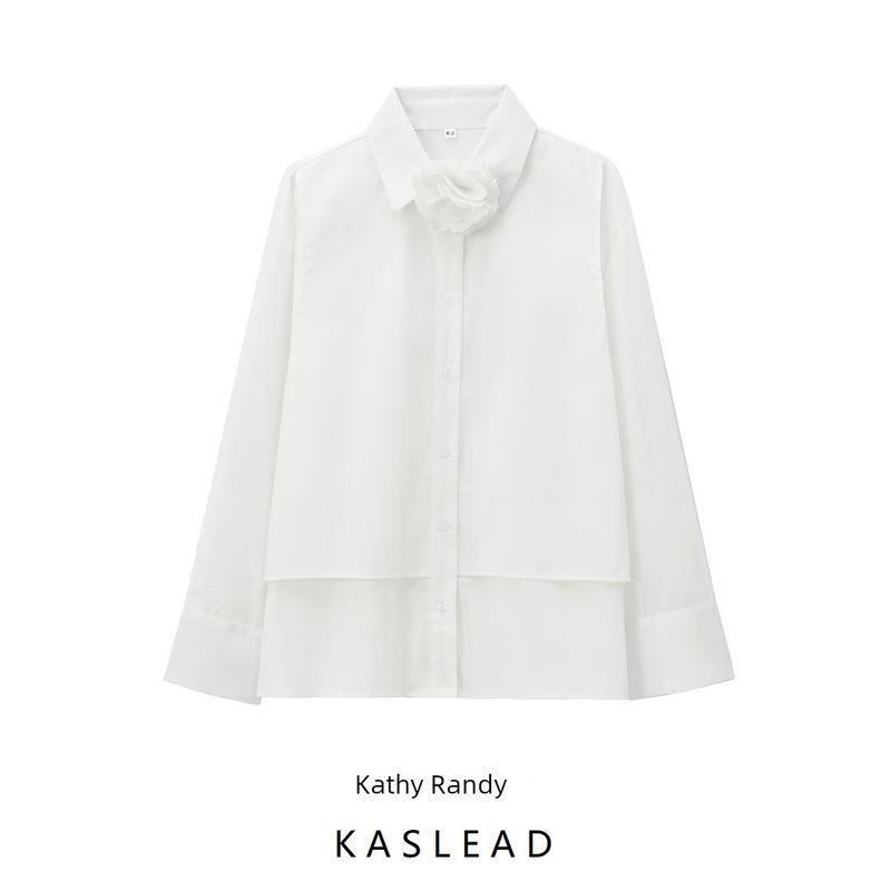 Kaslead New Arrival Women's Fashion Style Flower Decorative Poplin Long Sleeves Shirt 9336289