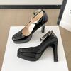 2025 Sapatos Casuais de Primavera de Salto Alto Preto Feminino Sapatos de Salto Alto de Cor Sólida Sapatos de Cunha Tamanho Grande Salto Alto Tamanho 34-42