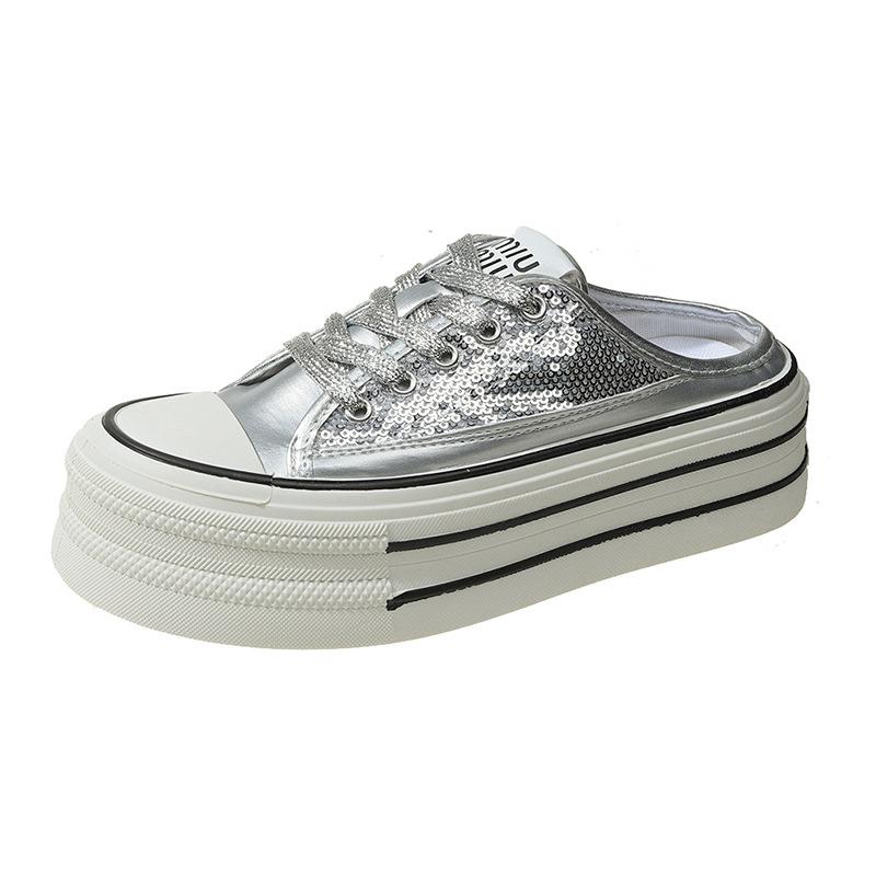 European products popular bag head half slippers women's 2025 spring new thick-soled heightening niche canvas shoes super fire white shoes