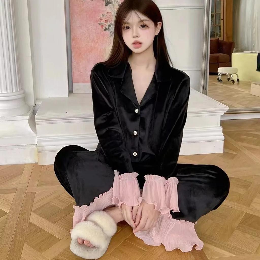 Velvet Pajamas Ruffled Pajamas Women's Fall Winter Pajamas Tops and Pants 2 Piece Pajamas Set Velvet Leopard Print Lounge Wear