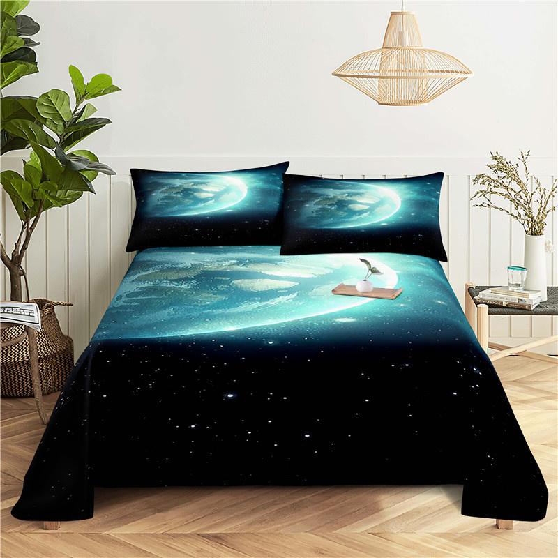 Cosmic Planets Bed Sheet Set Soft Polyester Bed Flat Sheet With Pillowcase Romantic Universe Galaxy Print Bed Sheet Home Textile