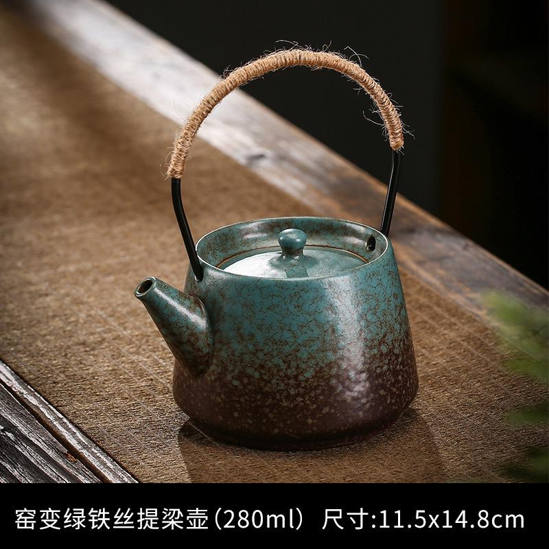 Rope Handle Ceramic Teapot Retro Style Gongfu Teapot Natural Jute Rope & Pottery No-Scald Design Daily Brewing Companion