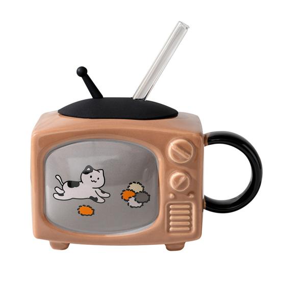 

Ретро Керамічна Кружка з Котом на ТБ з Кришкою та Соломинкою 450 мл Мила Кавова Чашка Герметична Термостійка Форма ТБ Кружки для Молока та Пива Новинка Подарунок Декор для Дому коричневий