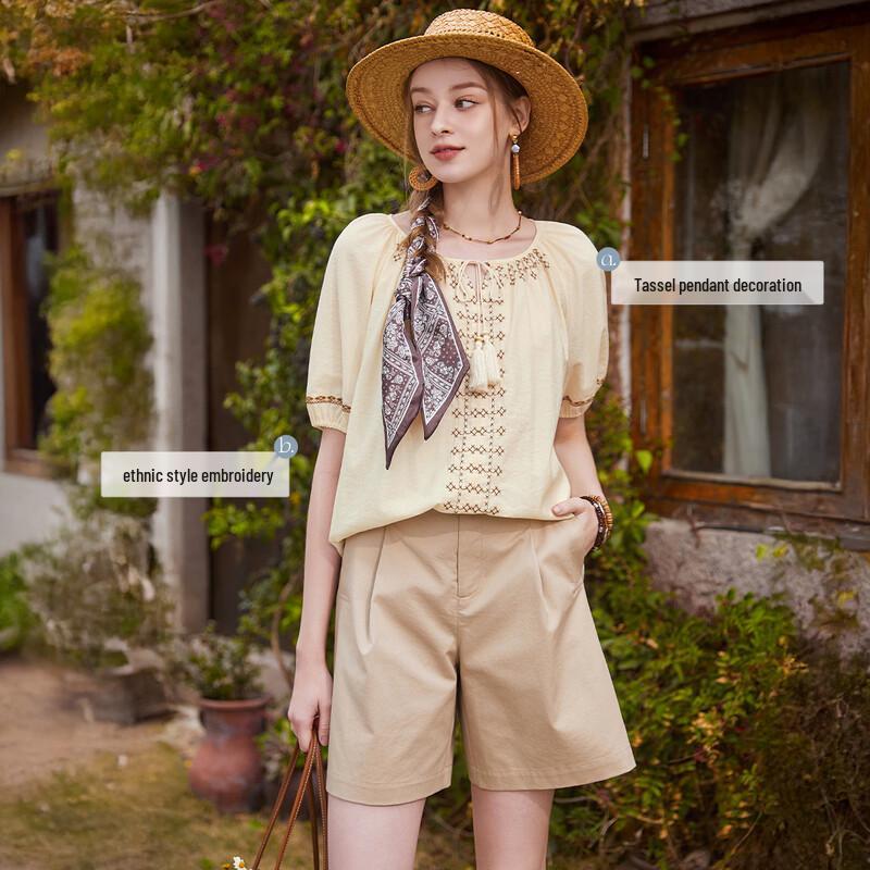 Women's Embroidered Linen Blend Puff Sleeve Top