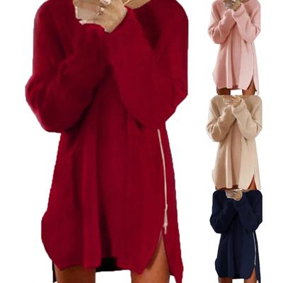 Women Dress Solid Color Sideway Zip Sexy Long Sleeve O Neck Mini Sweater Dress for Spring