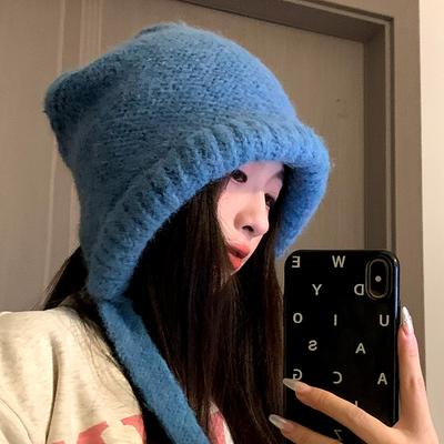 Winter Korean Style Ear Protection Cold Proof Woolen Hat Solid Color Balaclava Bag Hat for Women Thickened Warm Knitted Hat