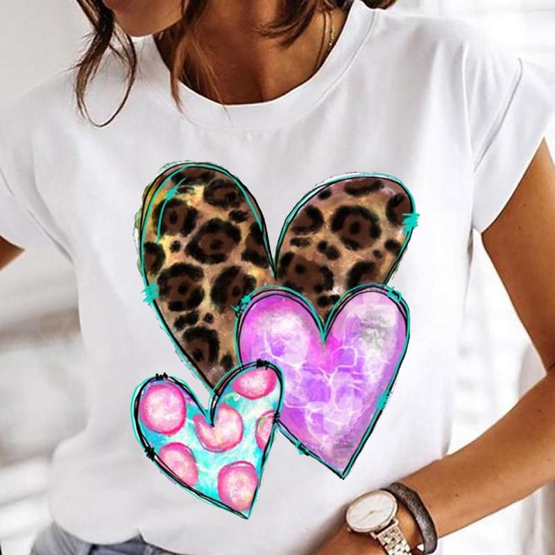 Women Printing Clothes Custom T-Shirt Watercolor Cute Tops Tshirt Short Sleeve Cartoon Heart Print Female Graphic O-Neck Tees