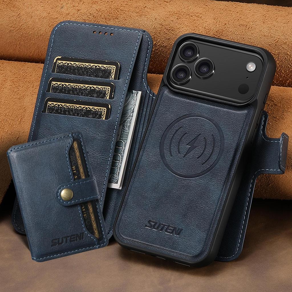 iPhone 17PM Leather Flip Case with Card Slot, Magnetic Snap, Wireless Charging Stand