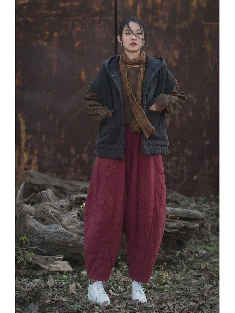 Women's Quilted Cotton-Linen Bloomers: Warm, Loose Carrot Pants for Autumn/Winter