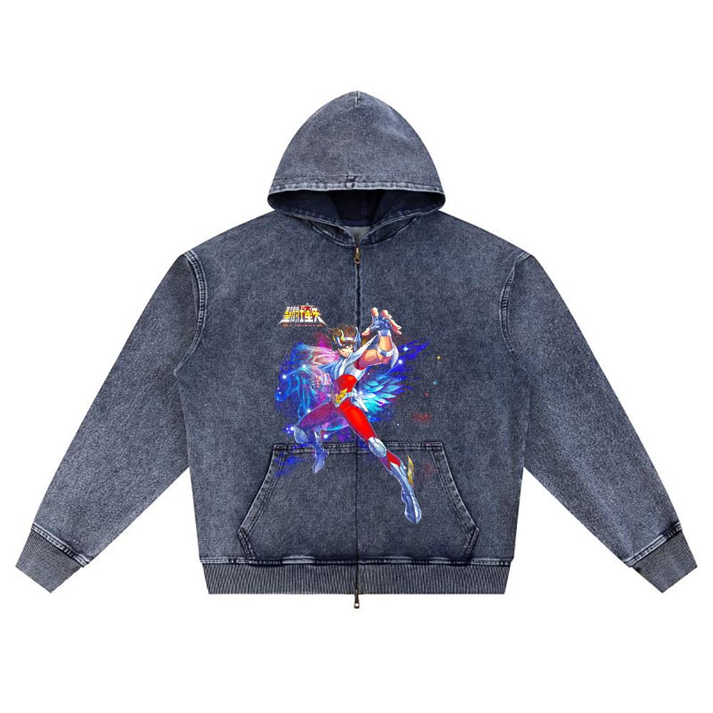 

DTG print Knitted Denim Zip-Up Hoodie Copy of Seiya Pegaso Brother Print Zipper Hoodies XL темно-синий