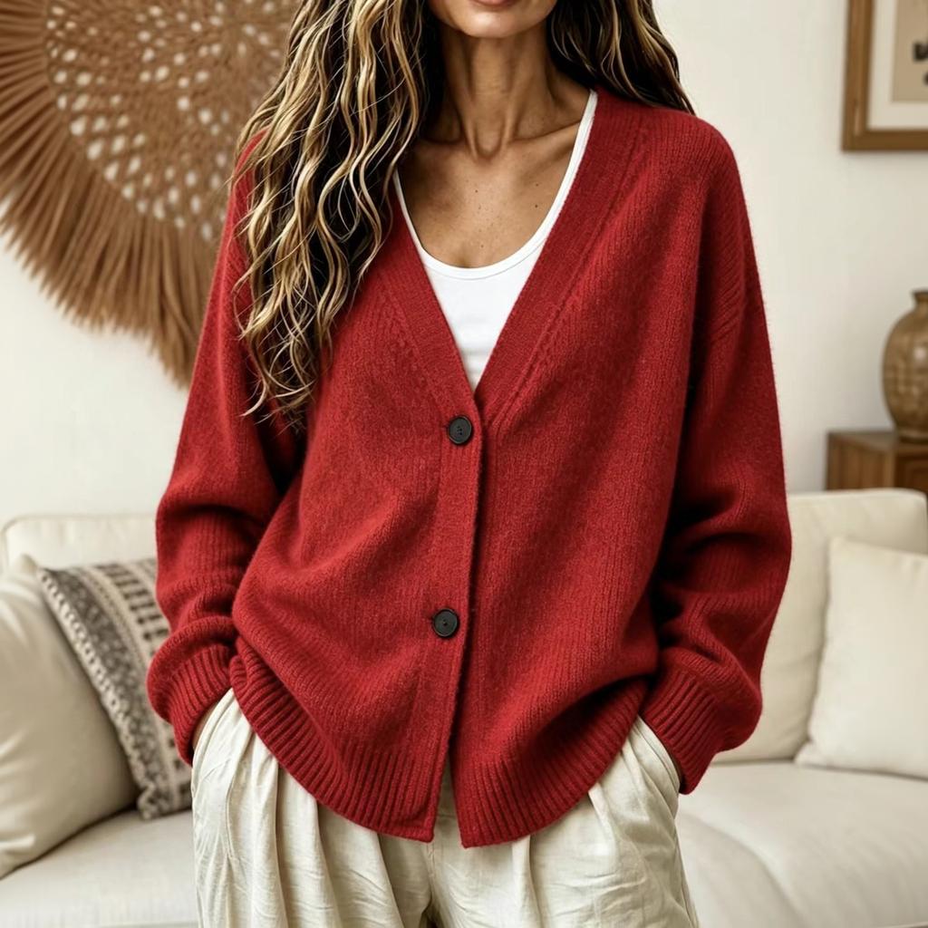 Women's Cardigan Sweater with V-Neck Button Front Long Sleeve Loose Fit Knit Casual