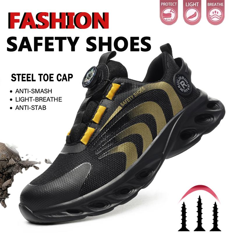 Men'S Safety Shoes Steel Toe Anti-Puncture Work Shoes Man And Safety Sneaker Rotating Button Lighweight Men'S Work Shoes
