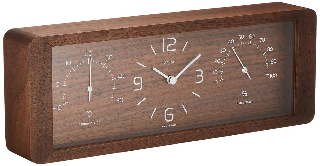 Lemnos Analog Table Clock with Thermometer and Hygrometer, Natural Wood Fabric, Yokan Brown, LC11-06, W300 x H109 x D50mm