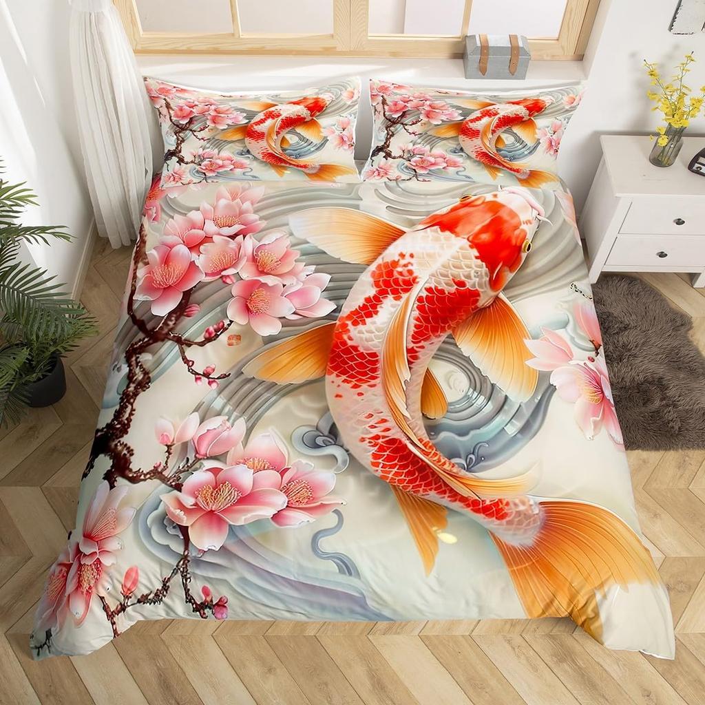 Comforter Koi Fish Full Queen Japanese Cherry Blossom Tree Bedding Set Marine Sealife Comforter For Kids Teen Room Decor