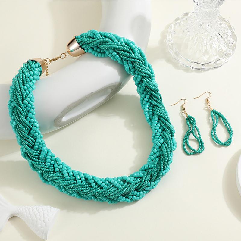 

Богемный стиль Европейский красочный многослойный набор ручной работы из плетеных ожерелья и серег с рисовыми бусинами озеро синий