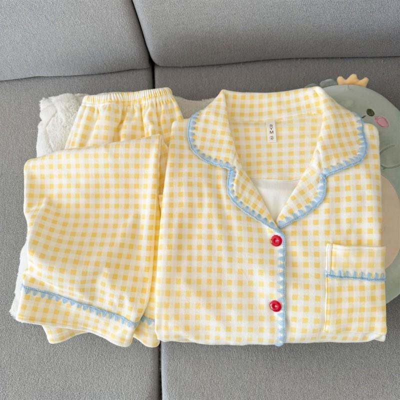 Womens Thick Fleece Pajama Set With Button Long Sleeve Top Pants Winter Home Comfort