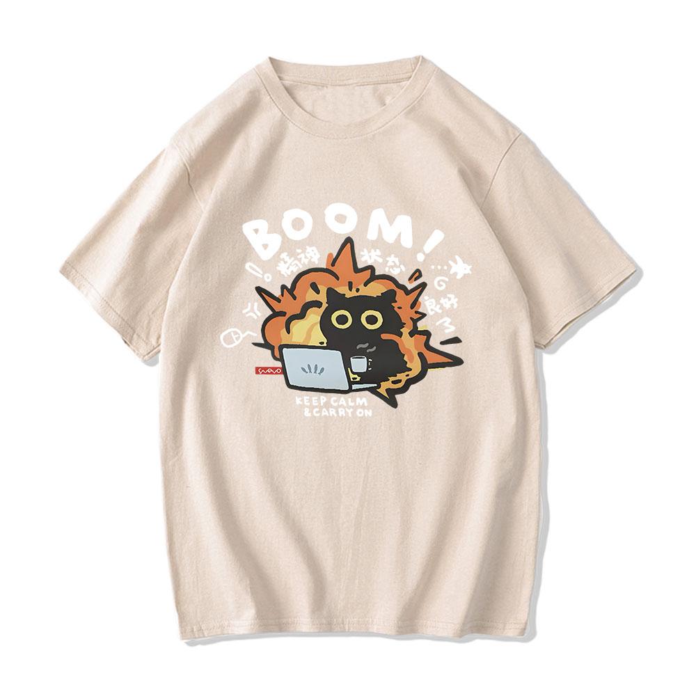 Boom CAT T-shirt Mental Pure Cotton Short Sleeved Tshirt for Men Women 2024 Summer New Tee Clothes Loose Casual Cartoon Tops