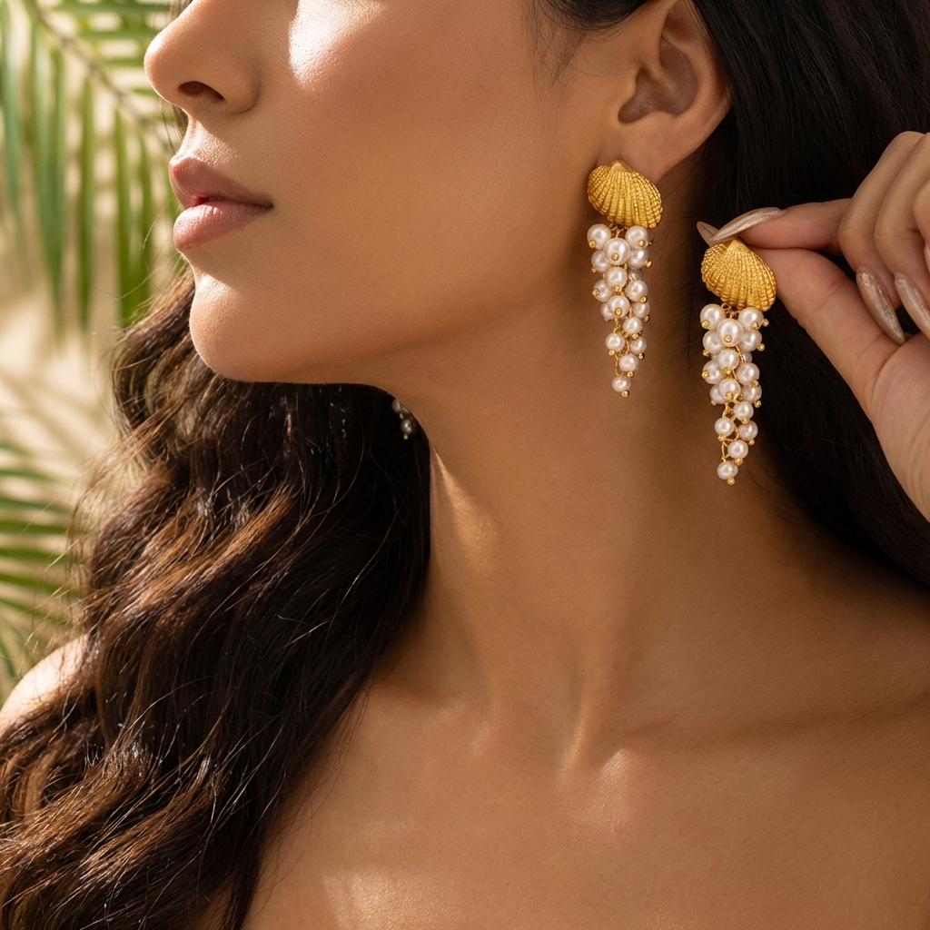 Boho Elegant Imitation Pearl Seashell Dangle Earrings For Women Creative Clustered Pear Shell Tassel Earring Beach Party Jewelry
